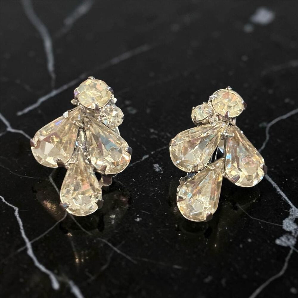 Weiss Crystal Rhinestone Earrings Ice Queen Glam Teardrop Bridal Clip On